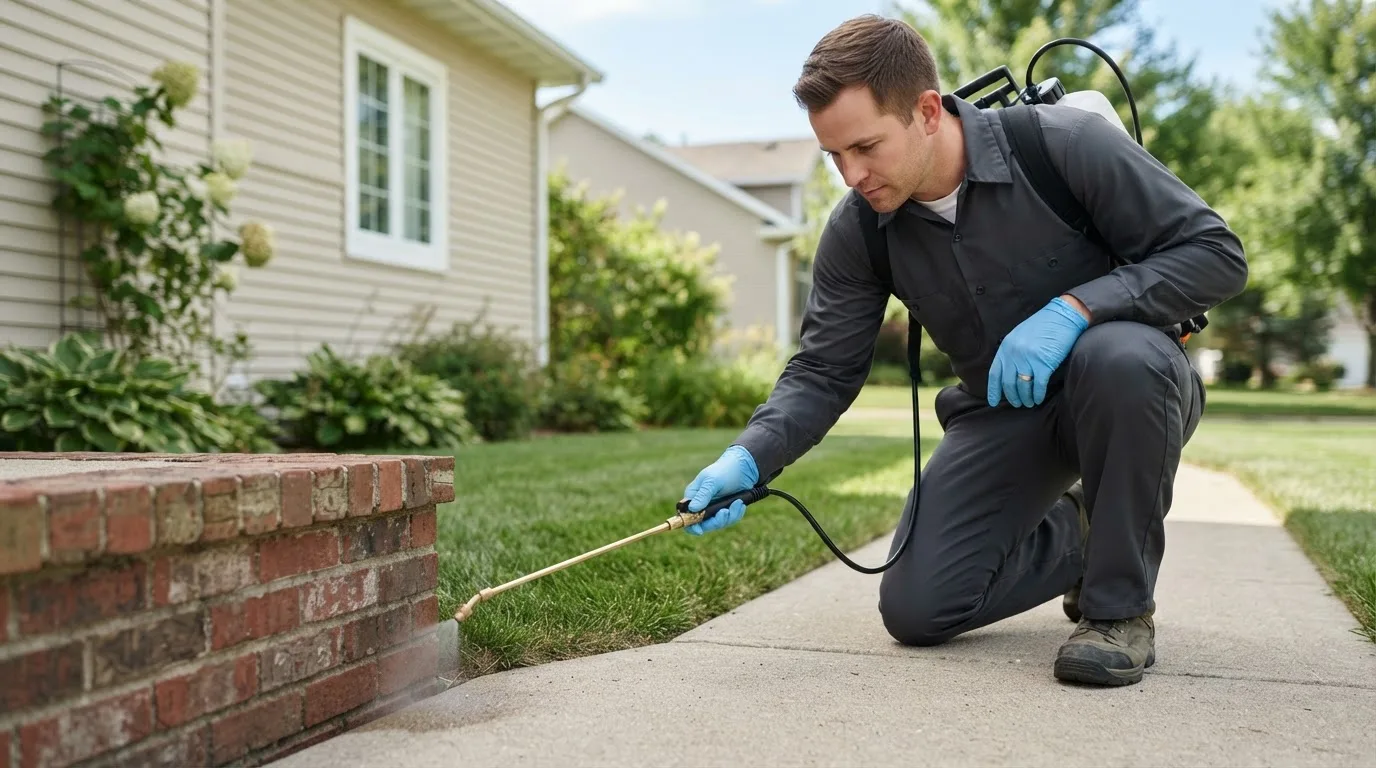 Pest control technician treating a home near Warren, OH