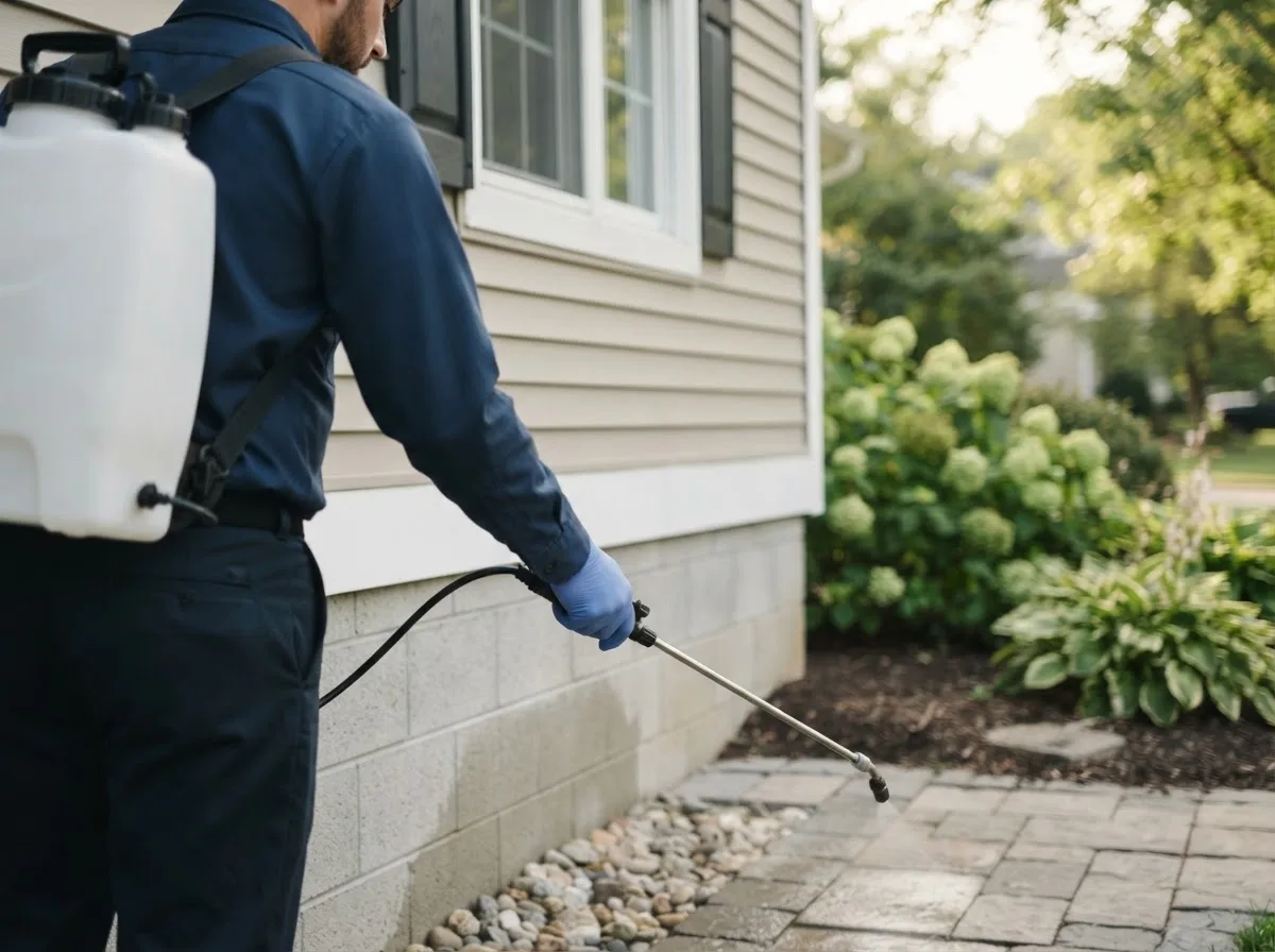 Pest control technician inspecting a home in Warren, OH